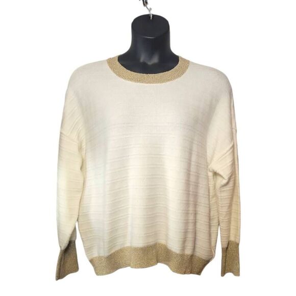 Vince Camuto Lurex Sweater Women's Large Ivory/Gold Crew Neck Long Sleeve Pullov - Picture 1 of 6